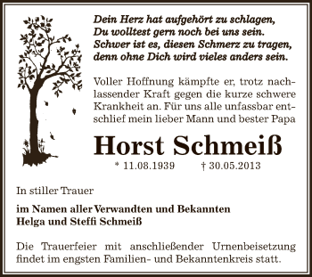 Traueranzeige von Horst Schmeiß von WVG - Wochenspiegel Dessau / Köthen