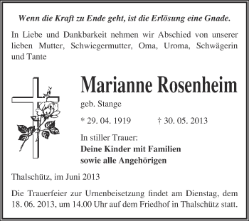 Traueranzeige von Marianne Rosenheim von Super Sonntag Merseburg
