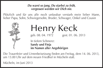 Traueranzeige von Henry Keck von WVG - Wochenspiegel Merseburg