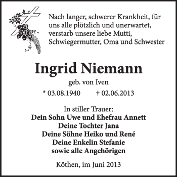 Traueranzeige von Ingrid Niemann von Super Sonntag Dessau / Köthen