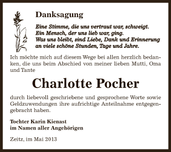 Traueranzeige von Charlotte Pocher von Super Sonntag Zeitz