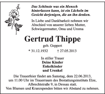 Traueranzeige von gertrud Thippe von Super Sonntag Dessau / Köthen