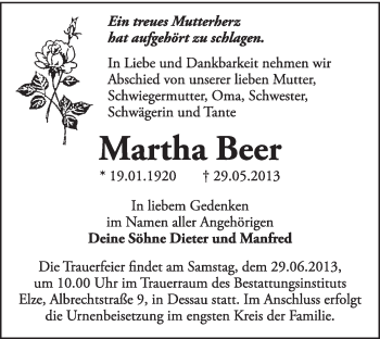 Traueranzeige von Martha Beer von Super Sonntag Dessau / Köthen