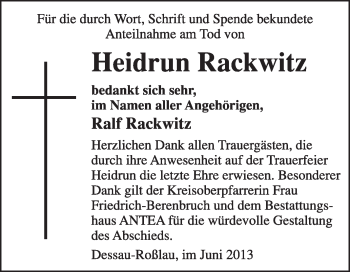 Traueranzeige von Heidrun Rackwitz von Super Sonntag Dessau / Köthen