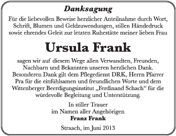 Traueranzeige von Ursula Frank von WVG - Wochenspiegel Wittenberg