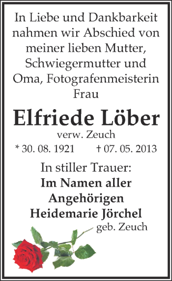Traueranzeige von Elfriede Löber von WVG - Wochenspiegel NMB / WSF / ZTZ