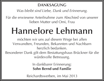 Traueranzeige von Hannelore Lehmann von WVG - Wochenspiegel NMB / WSF / ZTZ