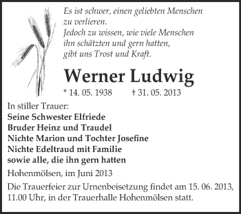Traueranzeige von Werner Ludwig von WVG - Wochenspiegel NMB / WSF / ZTZ