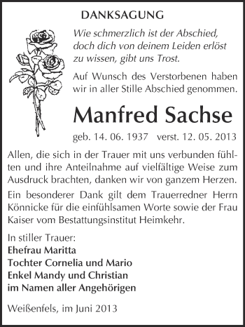 Traueranzeige von Manfred Sachse von WVG - Wochenspiegel NMB / WSF / ZTZ