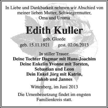 Traueranzeige von Edith Kuller von WVG - Wochenspiegel Wittenberg