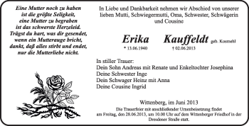 Traueranzeige von Erika Kauffeldt von WVG - Wochenspiegel Wittenberg