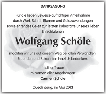 Traueranzeige von Wolfgang Schöle von WVG - Wochenspiegel Quedlinburg