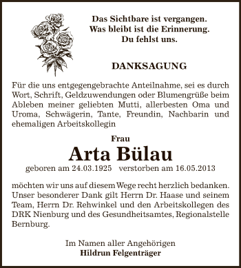 Traueranzeige von Arta Bülau von Super Sonntag Bernburg