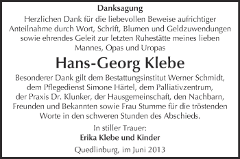 Traueranzeige von Hans-Georg Klebe von Super Sonntag Quedlinburg