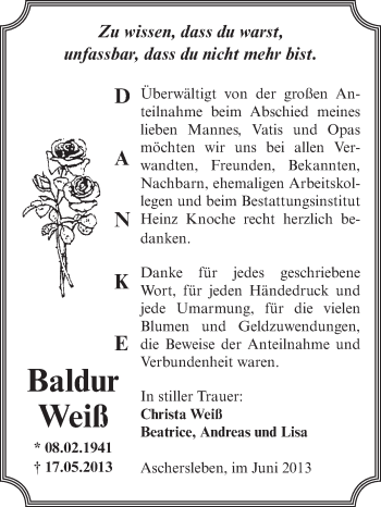 Traueranzeige von Baldur Weiß von Super Sonntag Aschersleben