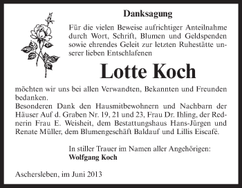 Traueranzeige von Lotte Koch von Super Sonntag Aschersleben