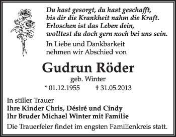 Traueranzeige von Gudrun Röder von Super Sonntag Dessau / Köthen