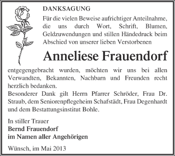 Traueranzeige von Anneliese Frauendorf von Super Sonntag Merseburg