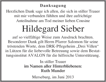 Traueranzeige von Hildegard Sieber von WVG - Wochenspiegel Merseburg