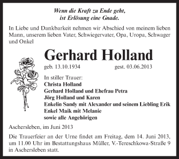 Traueranzeige von Gerhard Holland von Super Sonntag Aschersleben