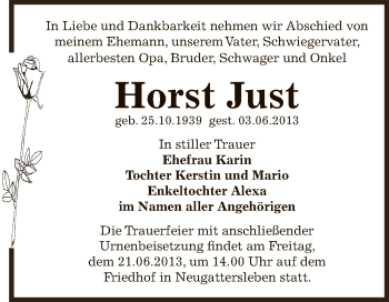Traueranzeige von Horst Just von Super Sonntag Bernburg