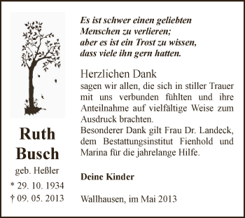 Traueranzeige von Ruth Busch von Super Sonntag SGH Mansf. Land