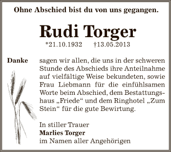 Traueranzeige von Rudi Torger von WVG - Wochenspiegel Dessau / Köthen