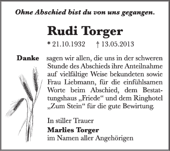 Traueranzeige von Rudi Torger von Super Sonntag Dessau / Köthen