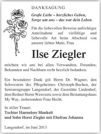 Traueranzeige von Ilse Ziegler von Super Sonntag Merseburg