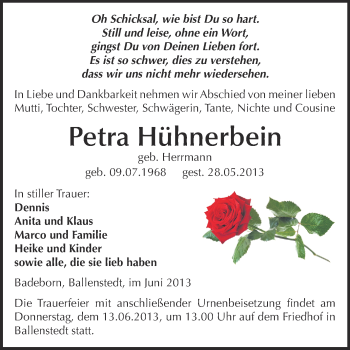 Traueranzeige von Petra Hühnerbein von WVG - Wochenspiegel Quedlinburg