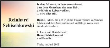 Traueranzeige von Reinhard Schischkowski von Super Sonntag Quedlinburg