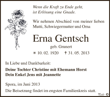 Traueranzeige von Erna Gentsch von Super Sonntag Zeitz