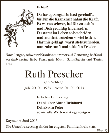 Traueranzeige von Ruth Prescher von Super Sonntag Zeitz