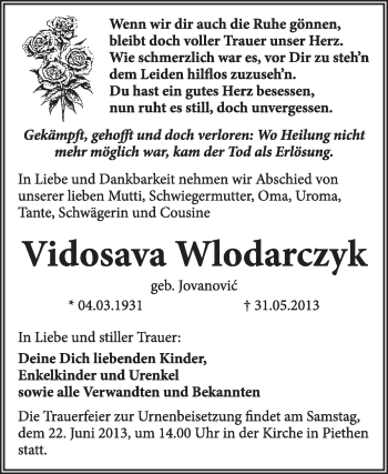 Traueranzeige von Vidosava Wlodarczyk von Super Sonntag Dessau / Köthen