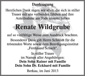 Traueranzeige von Renate Wildgrube von WVG - Wochenspiegel Wittenberg