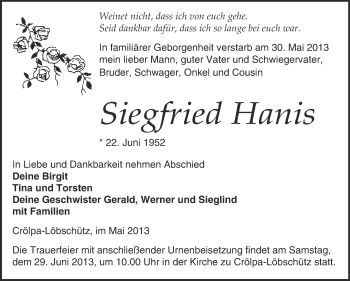 Traueranzeige von Siegfried Hanis von WVG - Wochenspiegel NMB / WSF / ZTZ