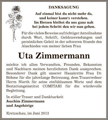 Traueranzeige von Uta Zimmermann von Super Sonntag Zeitz