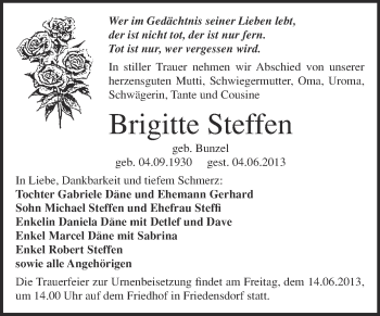 Traueranzeige von Brigitte Steffen von Super Sonntag Merseburg