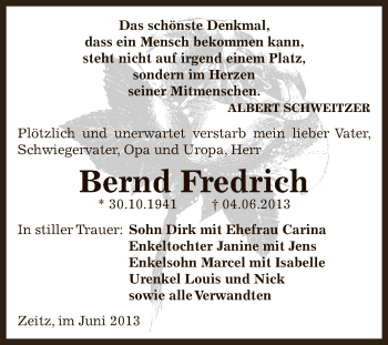 Traueranzeige von Bernd Fredrich von Super Sonntag Zeitz