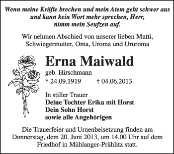 Traueranzeige von Erna Maiwald von WVG - Wochenspiegel Wittenberg