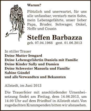 Traueranzeige von Steffen Barbazza von WVG - Wochenspiegel SGH