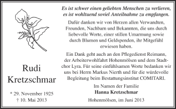 Traueranzeige von Rudi Kretzschmar von WVG - Wochenspiegel NMB / WSF / ZTZ