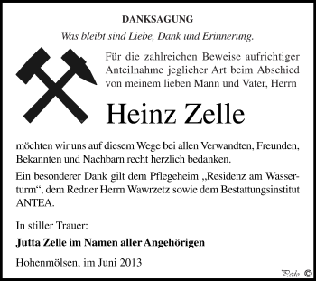 Traueranzeige von Heinz Zelle von WVG - Wochenspiegel NMB / WSF / ZTZ