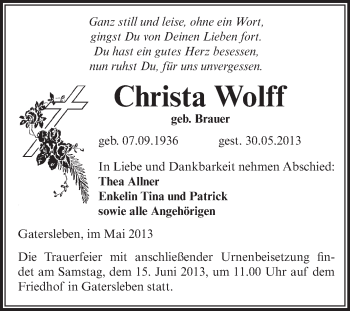 Traueranzeige von Christa Wolff von Super Sonntag Aschersleben