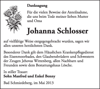 Traueranzeige von Johanna Schlosser von WVG - Wochenspiegel Wittenberg