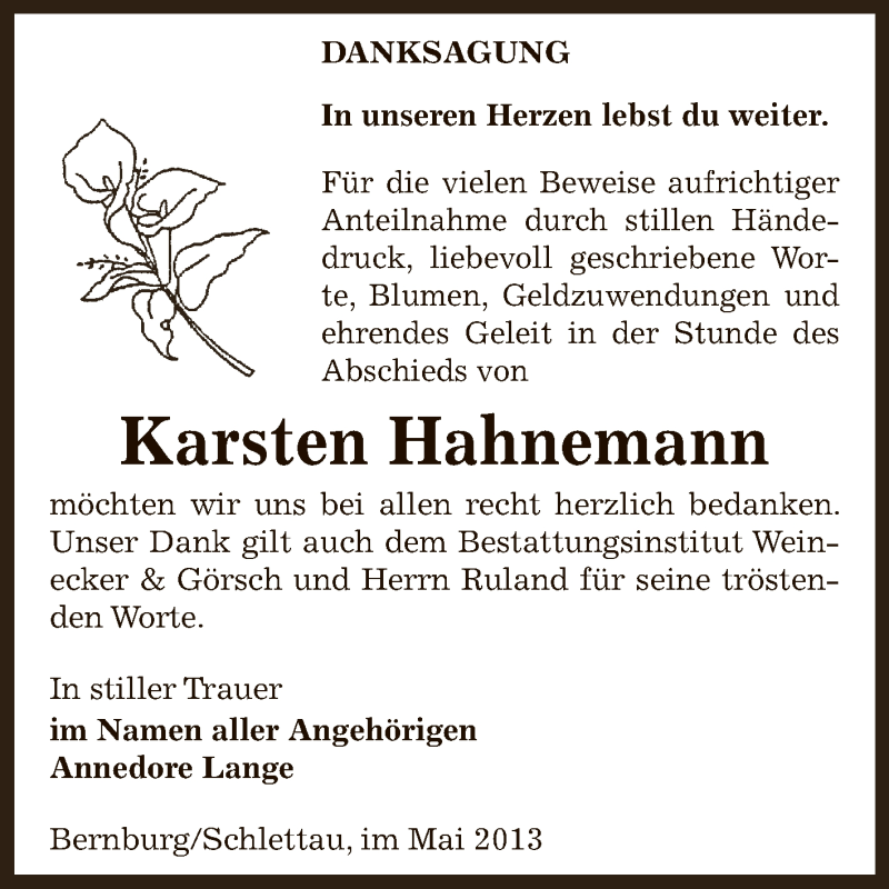  Traueranzeige für Karsten Hahnemann vom 09.06.2013 aus Super Sonntag Bernburg