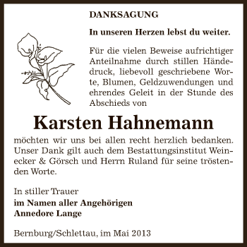 Traueranzeige von Karsten Hahnemann von Super Sonntag Bernburg