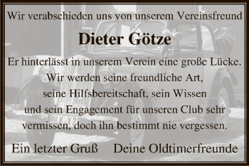 Traueranzeige von Dieter Götze von Super Sonntag Zeitz