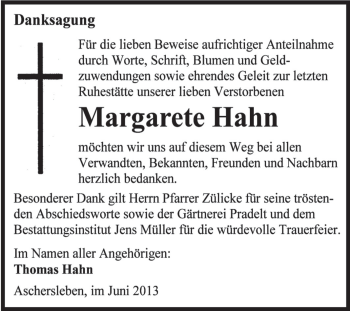 Traueranzeige von Margarete Hahn von Super Sonntag Aschersleben