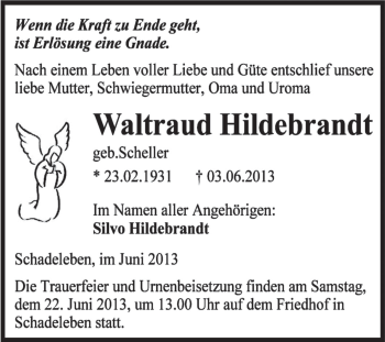 Traueranzeige von Waltraud Hildebrandt von Super Sonntag Aschersleben